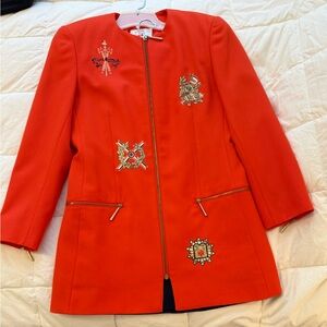 Mondi Orange Blazer and Black Skirt Set with Embroidered Accents